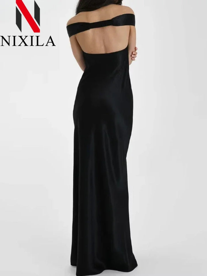 New Summer Satin Bow Backless Sexy Maxi Dress for Women Gown Fashion V Neck Sleeveless Club Party Evening Dress Elegant Clothing - Bliss Berry