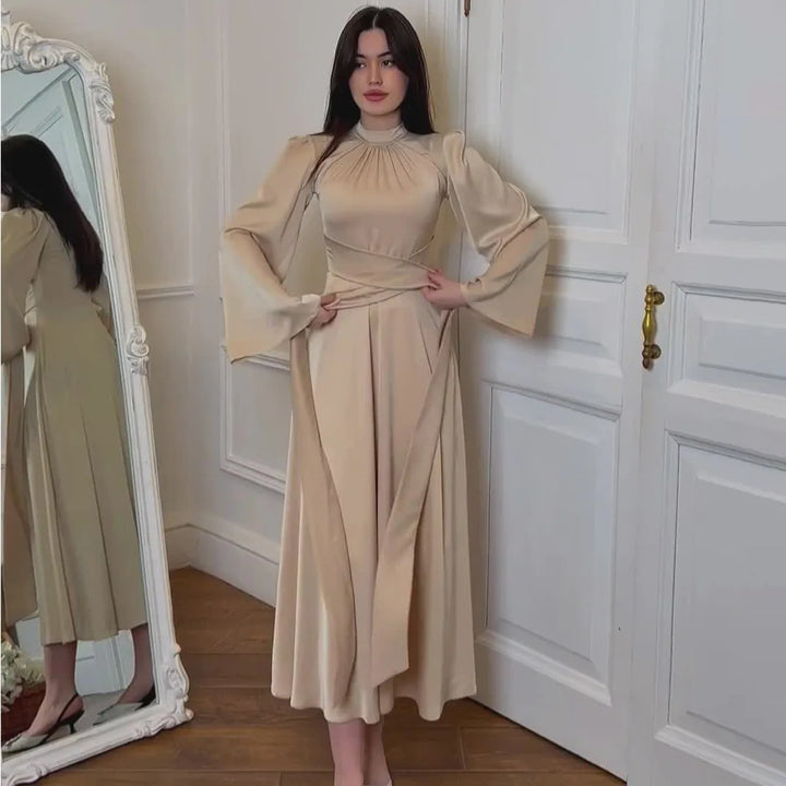 Solid Elegant Bandage Maxi Dress Silk Long Round Neck Satin Long Sleeve Slim Skirt Evening Party Dresses Chic Robes - Bliss Berry