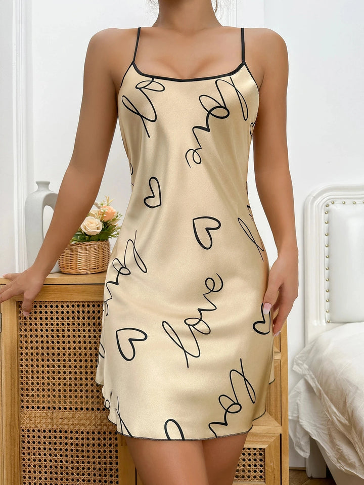 Heart Letter Print Nightdress Casual Round Neck - Bliss Berry