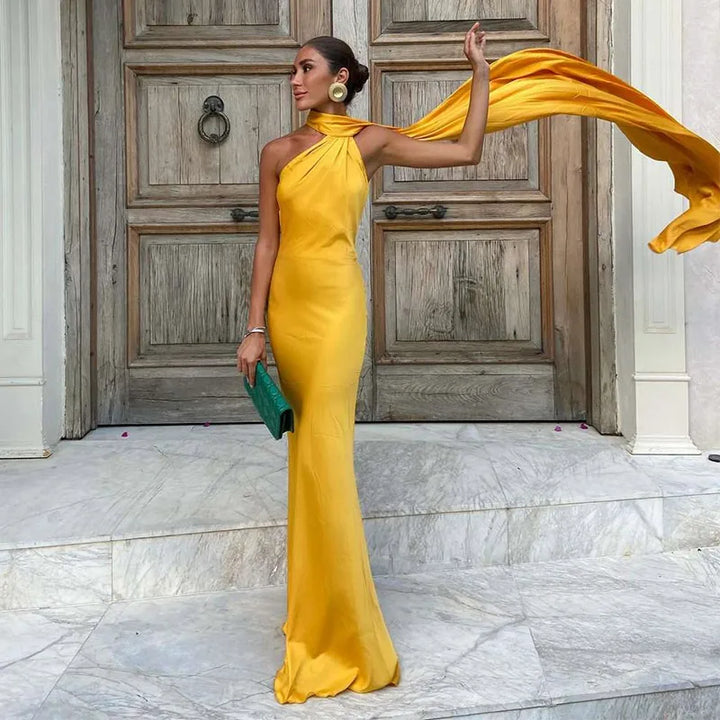 Elegant Solid Ribbon Women Halter Dress Off Shoulder Sleeveless Backless Slim Female Maxi Dresses 2025 Summer New Chic Lady Robe - Bliss Berry