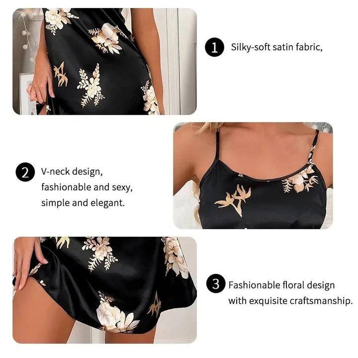 Women Nightwear Home Clothes Sexy Black Floral Printing - Bliss Berry