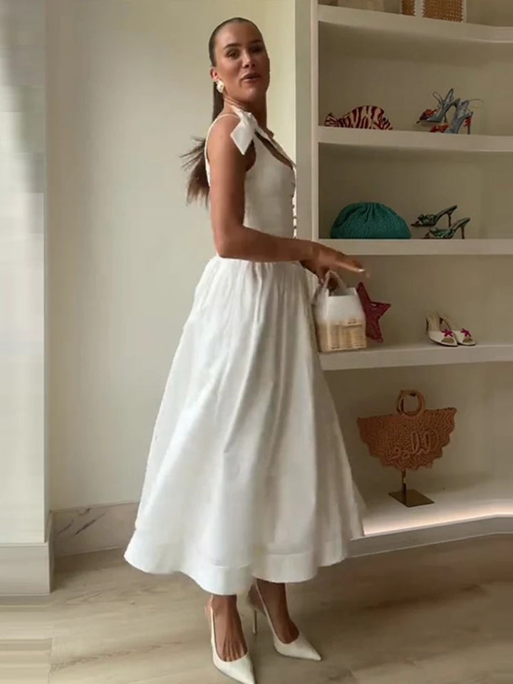 Solid Women's Long Dress Elegant Square Collar Sleeveless Draped  Lace Up Bow A-line Dresses Female 2025 Summer Lady Party Robes - Bliss Berry