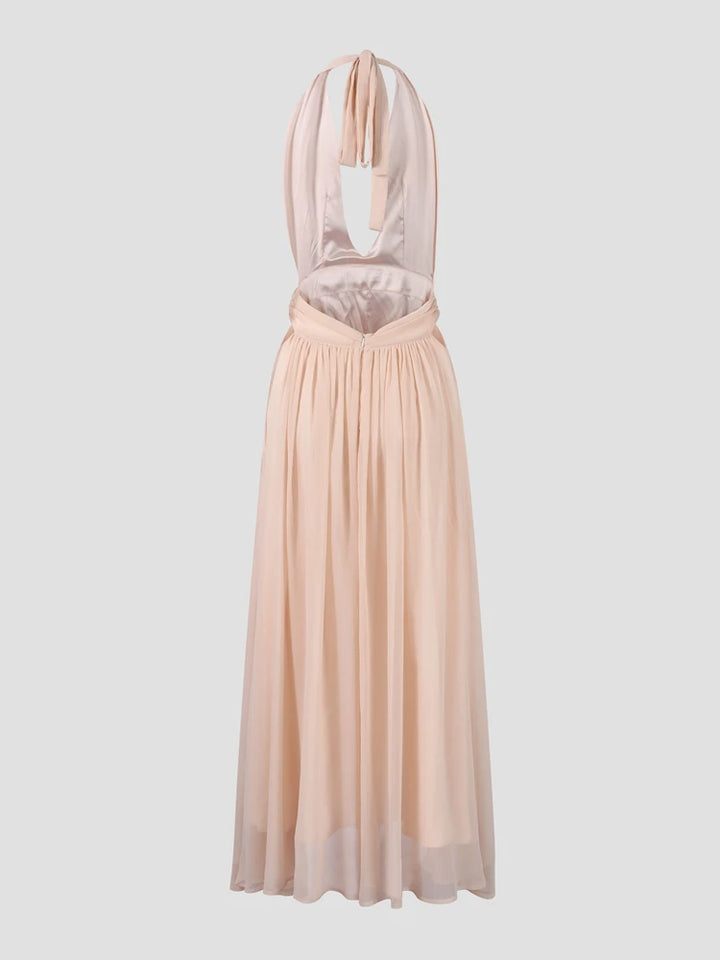 Elegant Deep V Neck Backless Maxi Dress Sleeveless Chiffon Lace Up Halter Robes Solid Wedding Party Vestidos New Lady Dresses - Bliss Berry