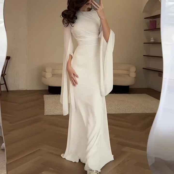 Fashion Satin Solid Robe Dress Ladies Temperament O-neck Slim Evening Dress Elegant Batwing Sleeves High Waist Pleats Long Dress - Bliss Berry