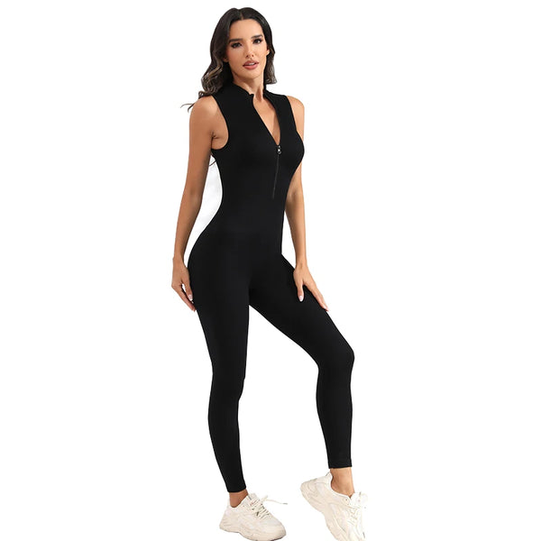 Ribbed Sleeveless Zip Front Sport Jumpsuits - Bliss Berry