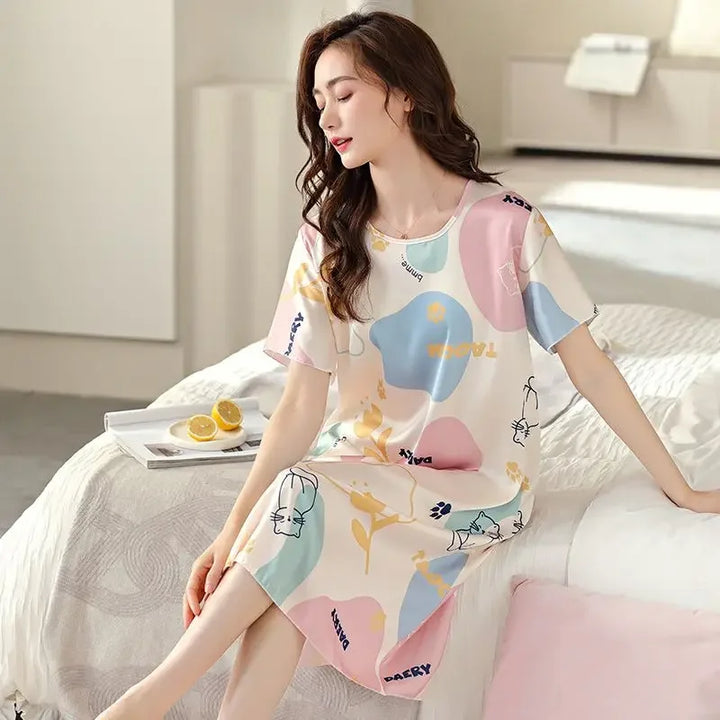 Nightgown Women Summer Ice Silk Pajamas Short - Bliss Berry