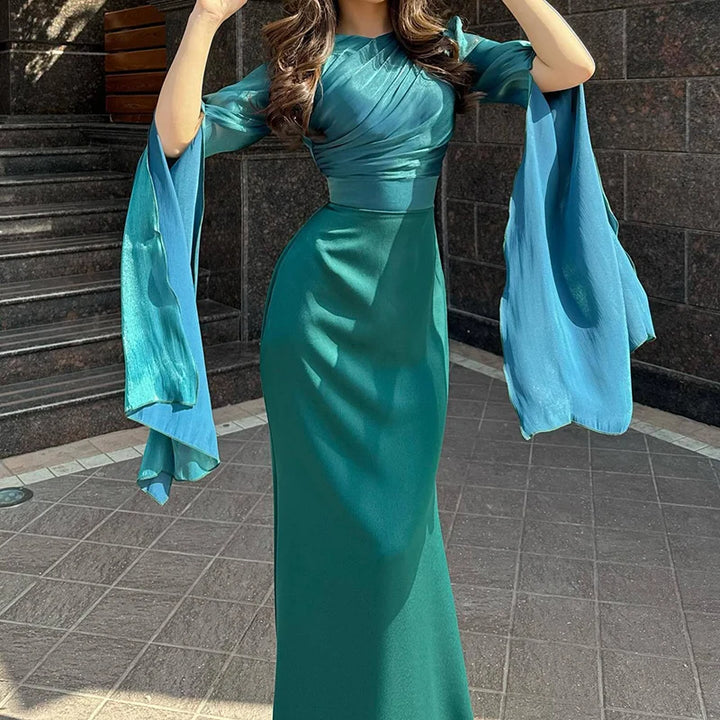 Fashion Satin Solid Robe Dress Ladies Temperament O-neck Slim Evening Dress Elegant Batwing Sleeves High Waist Pleats Long Dress - Bliss Berry