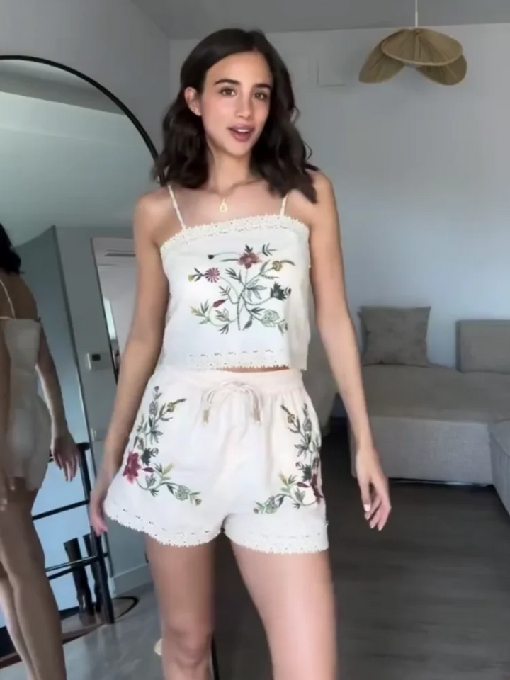 Lace Embroidered Halter Top Shorts Set Vacation - Bliss Berry