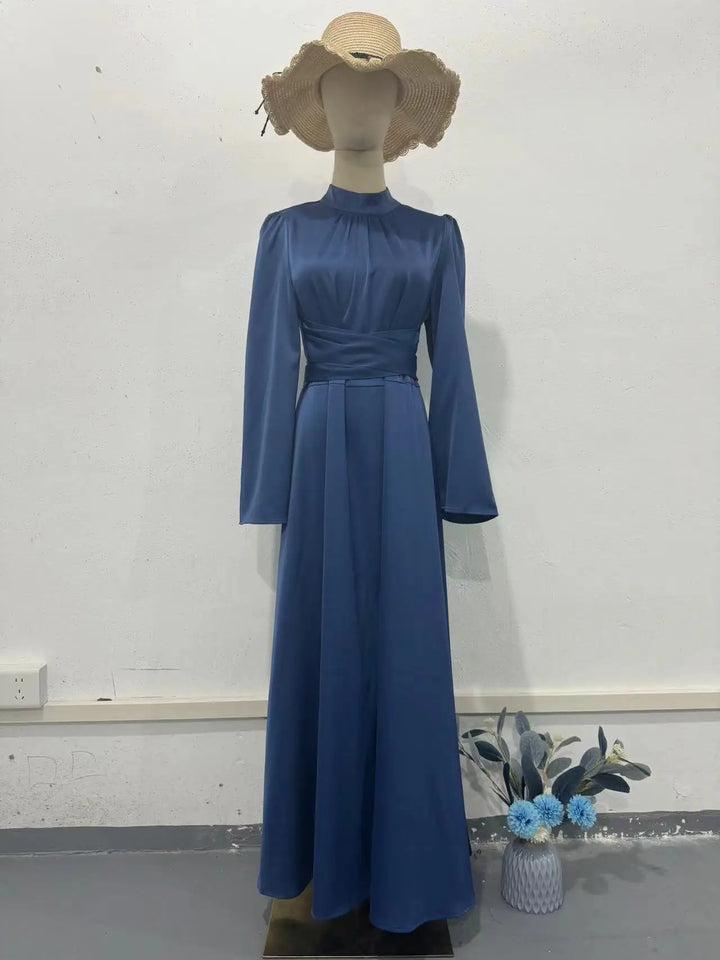 Solid Elegant Bandage Maxi Dress Silk Long Round Neck Satin Long Sleeve Slim Skirt Evening Party Dresses Chic Robes - Bliss Berry