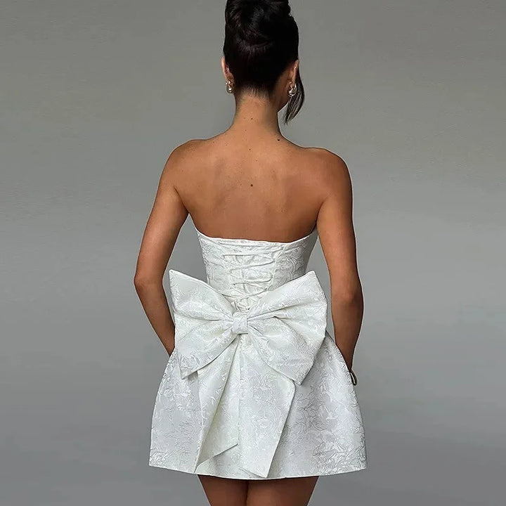 Elegant Jacquard Strapless Bow Evening Party Dress Women Chic Fashion Sexy Sleeveless A Line Mini Dresses Pink White Blue 2025 - Bliss Berry
