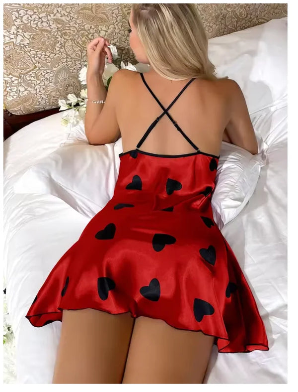 Heart Print Slip Nightdress Casual Crew Neck - Bliss Berry