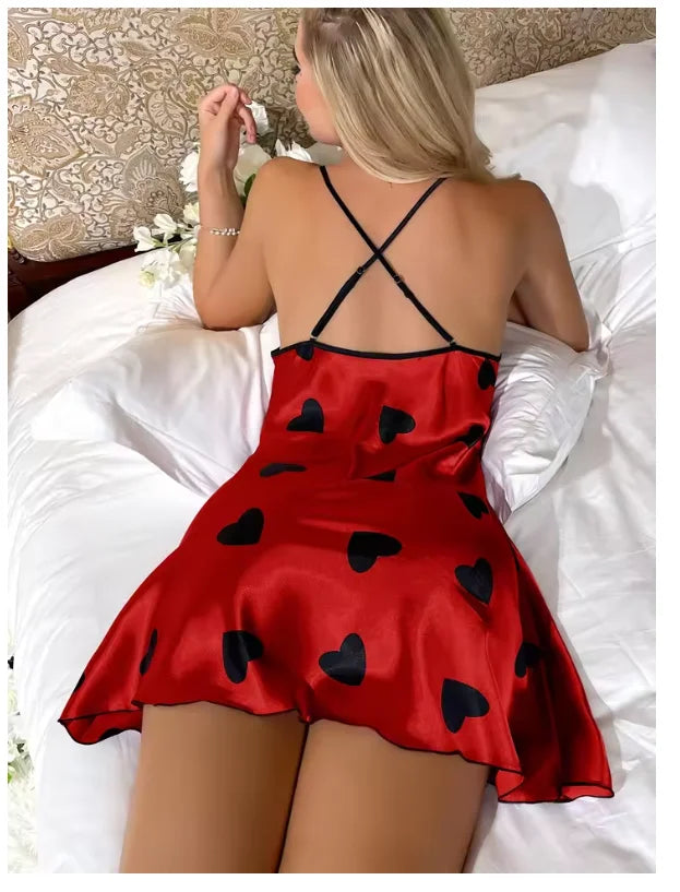Heart Print Slip Nightdress Casual Crew Neck - Bliss Berry