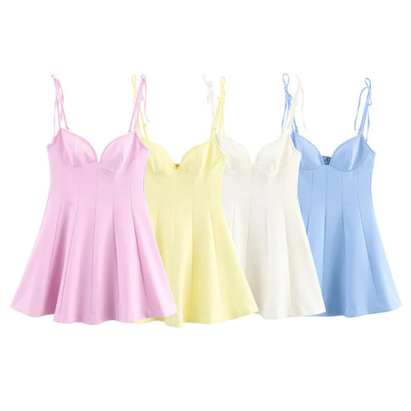 Fashion bow camisole Mini Dress women solid color elegant slim fit vestidos mujer sexy sleeveless mini party dress for women - Bliss Berry