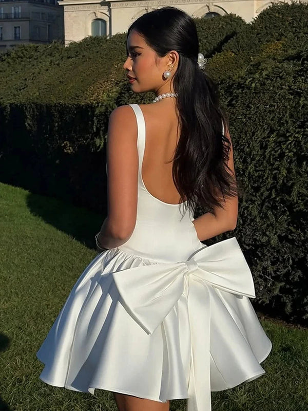 Elegant 3d Bow Backless White Mini Dress Women Fashion Sling A-line Pleated Vestidos  Spring Summer Lady Party Evening Gown - Bliss Berry