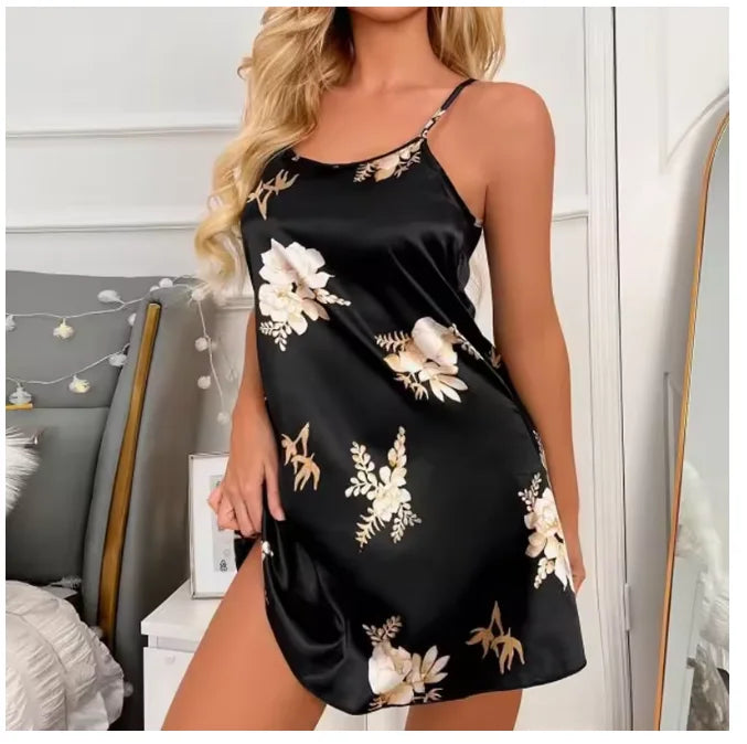 Women Nightwear Home Clothes Sexy Black Floral Printing - Bliss Berry