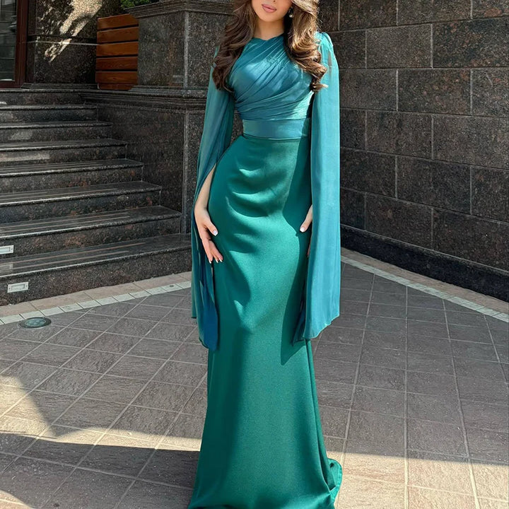Fashion Satin Solid Robe Dress Ladies Temperament O-neck Slim Evening Dress Elegant Batwing Sleeves High Waist Pleats Long Dress - Bliss Berry
