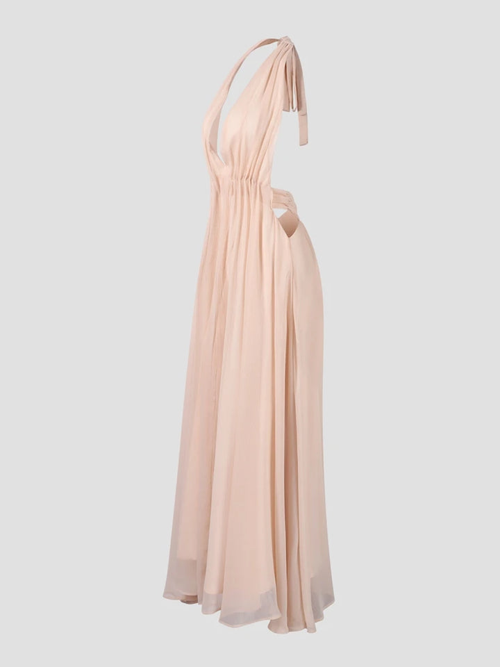 Elegant Deep V Neck Backless Maxi Dress Sleeveless Chiffon Lace Up Halter Robes Solid Wedding Party Vestidos New Lady Dresses - Bliss Berry