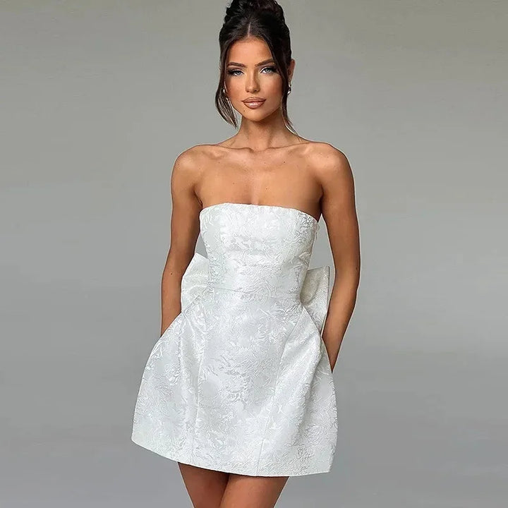 Elegant Jacquard Strapless Bow Evening Party Dress Women Chic Fashion Sexy Sleeveless A Line Mini Dresses Pink White Blue 2025 - Bliss Berry