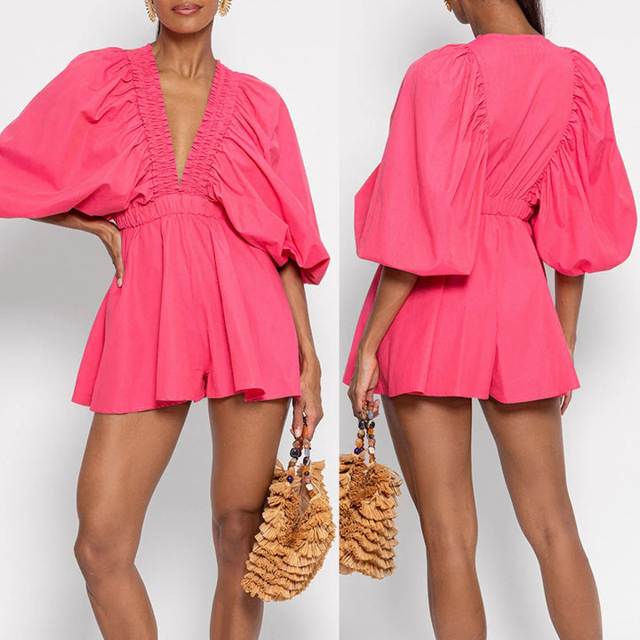 Combhasaki Womens Y2K Deep V-Neck Rompers Solid - Bliss Berry
