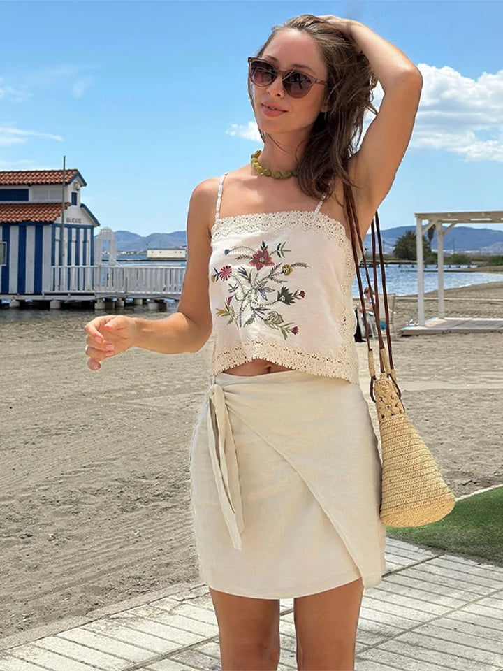 Lace Embroidered Halter Top Shorts Set Vacation - Bliss Berry